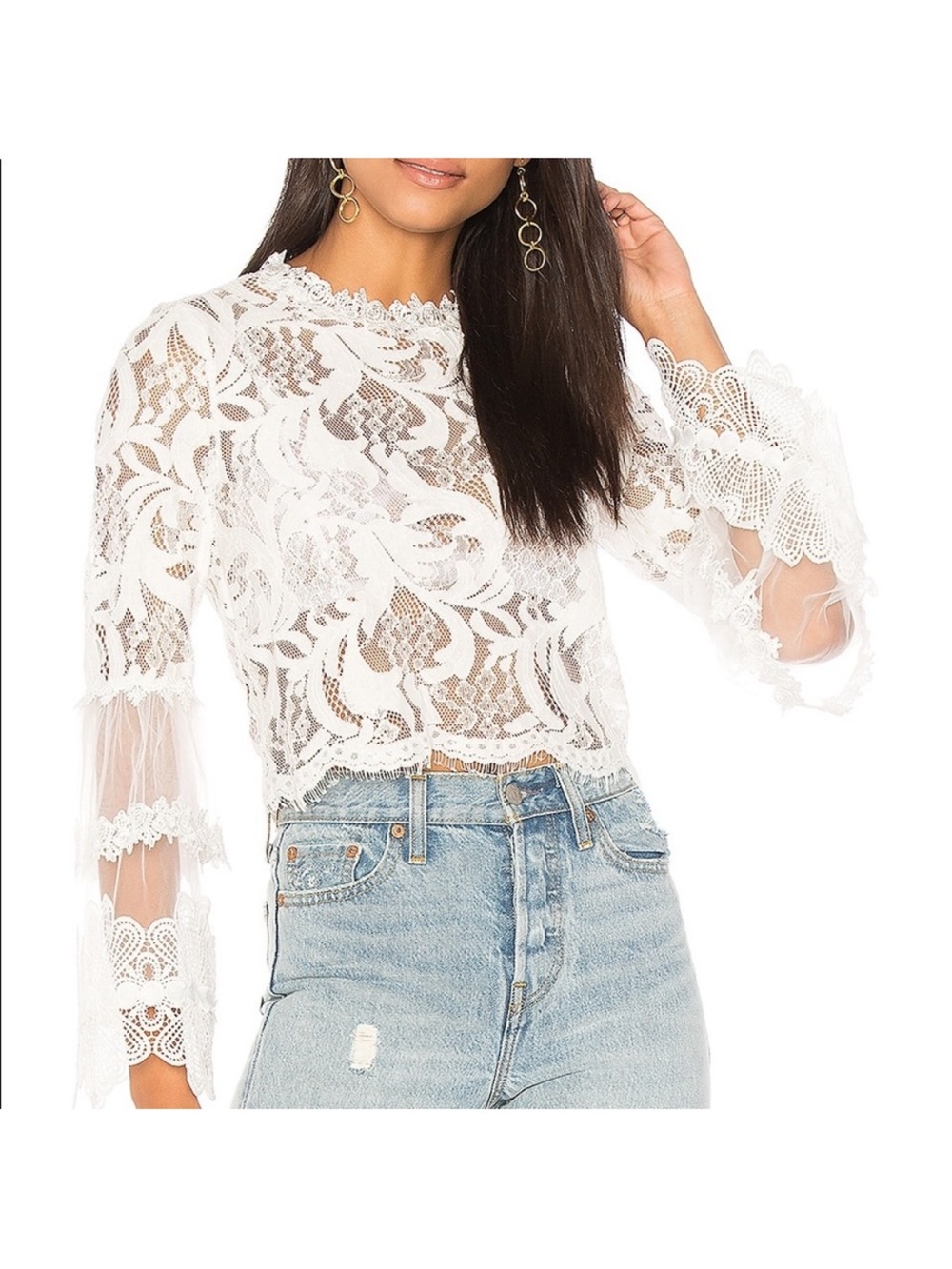 Lioness White Lace Sheer Long-Sleeve Crop Top